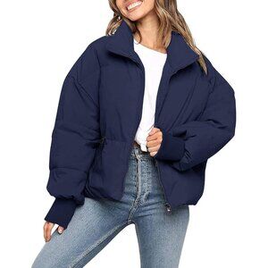 👑Women's Winter Puffer Jacket Navy Outerwear Long Sleeve Short Warm Coat